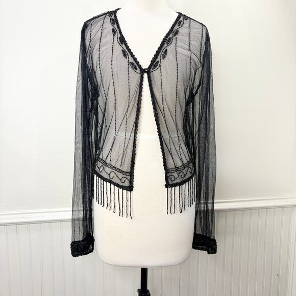 Beaded Fringe Mesh Cardigan Sheer Boho Whimsigoth Goth Witchy Party Cocktail - Picture 14 of 14